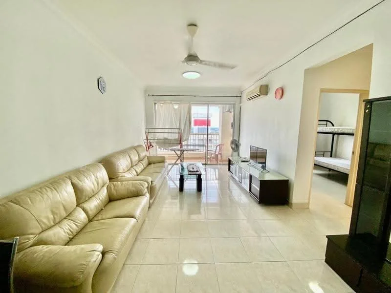 Living features: 3-seater leather sofa in cream, 2-seater leather sofa in cream, glass coffee table, wall-mounted TV, TV console in dark wood, ceiling fan, tile flooring, white painted walls, large window with sheer curtains, balcony access, air conditioning unit; style: modern; view: city.