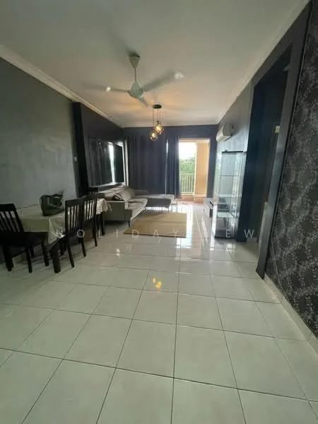 Living features: white tiled flooring, grey painted walls, ceiling fan with light, 3-seater sofa in beige, dining table with 4 chairs, large window with sheer curtains, TV console, area rug, decorative wall with patterned wallpaper, balcony door; style: modern; view: garden.