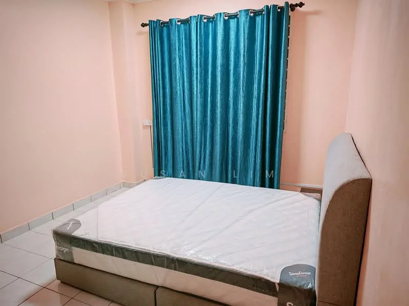 Bedroom features: pink painted walls, grey upholstered bed frame, queen-size bed, white mattress, floor tiles, blue curtains, window, light switch, corner of room.