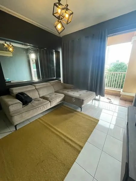 Living features: 3-seater fabric sofa in beige, ottoman, area rug in yellow, floor-to-ceiling mirror, grey painted walls, curtains in grey, sliding glass door, tile flooring in white, chandelier with multiple bulbs, balcony view; style: modern; view: garden.
