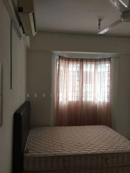 Bedroom features: queen-size bed, curtains in light fabric, floor-to-ceiling windows, wall-mounted split AC, ceiling fan, white painted walls, light-colored flooring, corner window with grid pattern.