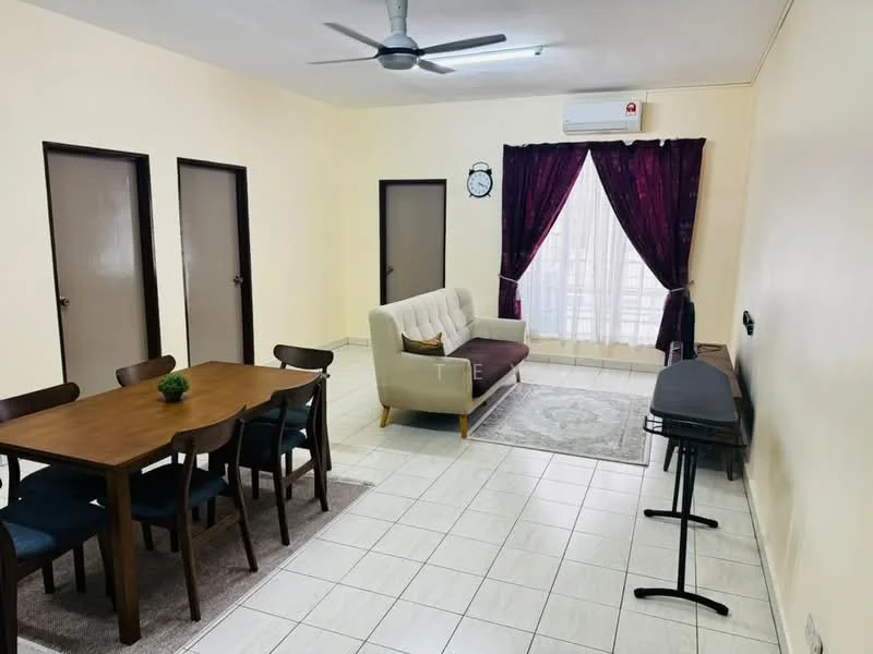 Living features: cream painted walls, white tiled flooring, 5-blade ceiling fan, sofa with light upholstery, dining table with 6 chairs, area rug, curtains with floral pattern, wall clock, air conditioning unit, side table, two doors leading to other rooms; style: modern.