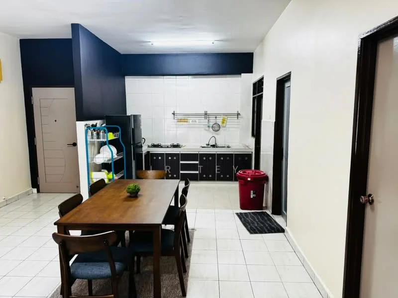 Kitchen features: white tiled walls, dark blue accent wall, white ceramic tile flooring, wooden dining table, 4 wooden dining chairs, stainless-steel gas hob, kitchen cabinets with dark finish, sink with faucet, open shelving, refrigerator, waste bin, door leading to hallway; style: modern.