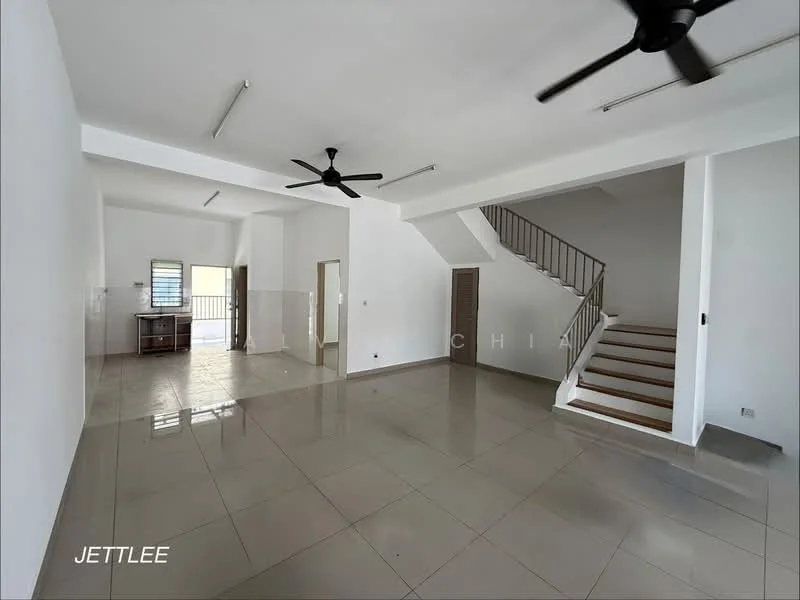 Living features: white painted walls, polished ceramic tile flooring, 5-blade ceiling fan, recessed downlights, staircase with wooden steps, large windows for natural light, open layout, doorway leading to balcony; style: modern.