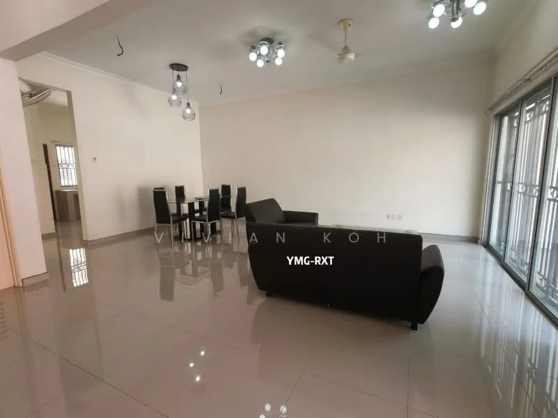 Living features: grey leather sofa, 4-seater dining table, black dining chairs, polished ceramic tile flooring, recessed downlights, ceiling fan, large sliding glass door, natural light from windows, neutral painted walls; style: modern.