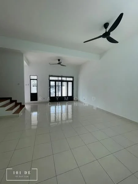 Living features: white painted walls, polished ceramic tile flooring, exposed beams on ceiling, 2 ceiling fans, large windows with black frames, black window grilles, open layout, staircase leading to upper level; style: modern.