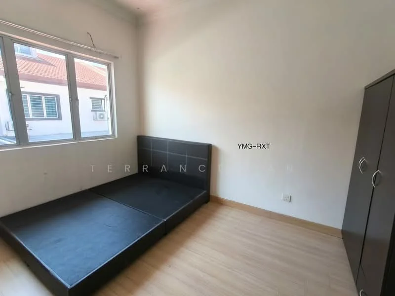 Bedroom features: wooden flooring, white painted walls, floor-to-ceiling window, black platform bed frame, built-in wardrobe, natural light from window.