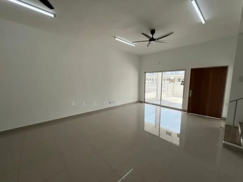 Living features: white painted walls, polished ceramic tile flooring, 5-blade ceiling fan, sliding glass door, natural light from windows, recessed LED downlights, open layout, access to outdoor area; style: modern.