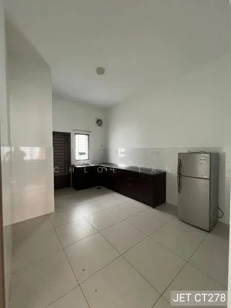 Kitchen features: white painted walls, tile flooring, dark wood cabinetry, stainless-steel fridge, single-bowl stainless-steel sink, chrome pull-down faucet, countertop with backsplash, window with grille, light fixture on ceiling; style: modern.