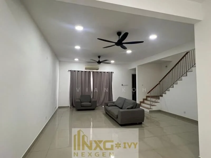 Living features: light grey fabric sofa, 2-seater sofa, 3-blade ceiling fan, recessed LED downlights, cream painted walls, glossy ceramic tile flooring, curtains in grey, staircase with wooden railing, air conditioning unit on wall; style: modern.
