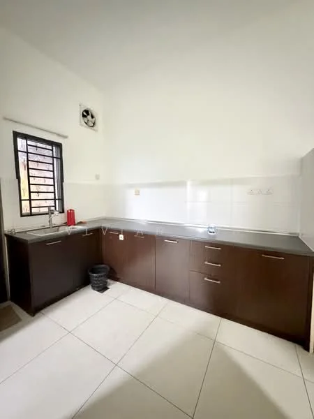 Kitchen features: brown wooden cabinetry, stainless-steel countertop, white tiled backsplash, single-bowl stainless-steel sink, chrome pull-down faucet, built-in wall-mounted air conditioning unit, window with black metal grille, white tiled flooring, trash bin, kitchen cabinet handles; style: modern.