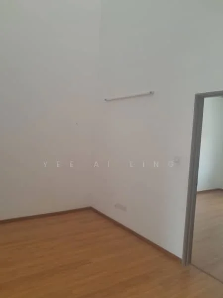 Room features: white painted walls, wooden flooring, mirror on wall, single wall-mounted rod, doorway, natural light from window.