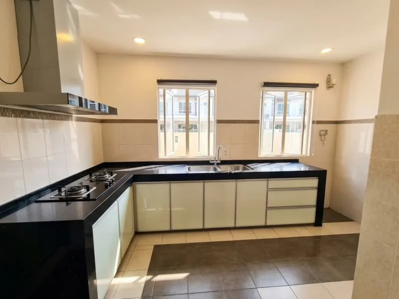 Kitchen features: black granite countertop, white glass-front cabinets, stainless-steel sink, chrome pull-down faucet, 2-burner gas hob, exhaust hood, white tiled walls, grey tiled flooring, 2 windows with sheer curtains, recessed downlights; style: modern.