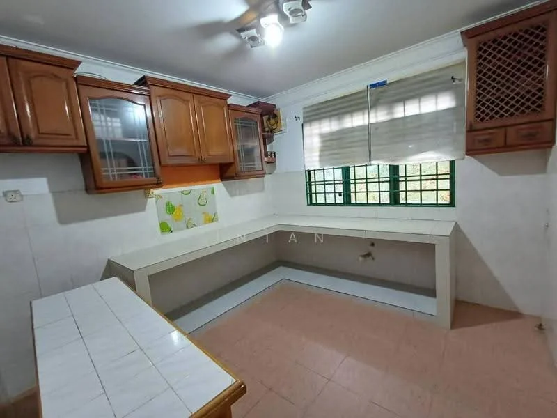 Kitchen features: wooden cabinetry with glass fronts, white countertop, tile backsplash with floral pattern, single-bowl stainless-steel sink, chrome faucet, window with green frames, overhead lighting, pink tile flooring, corner seating area, built-in countertop, wall-mounted storage; style: traditional; view: garden.