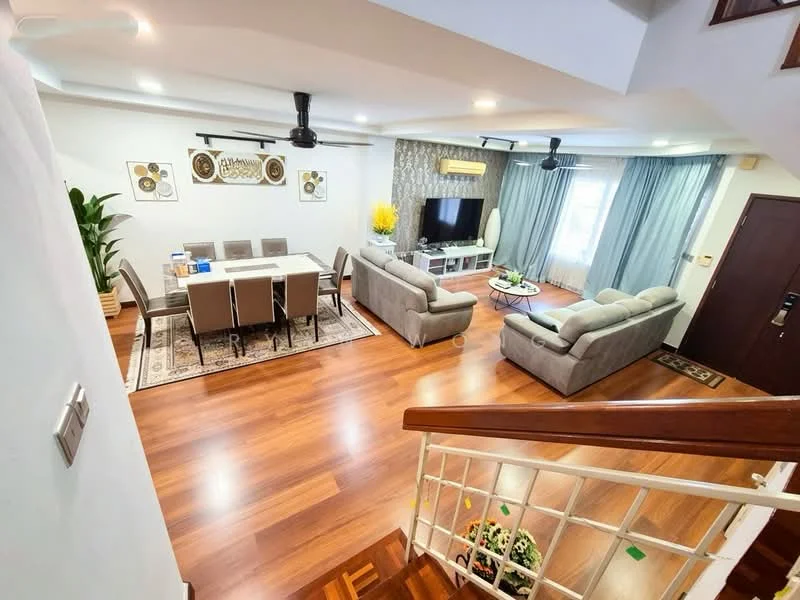 Living features: wooden flooring, 5-blade ceiling fan with light, recessed downlights, wall-mounted TV, entertainment unit, 2-seater fabric sofa in grey, 3-seater fabric sofa in grey, coffee table, area rug with geometric pattern, decorative wall art, curtains in light blue, potted plant; style: modern. Dining features: 6-seater dining table, upholstered dining chairs, decorative centerpiece, wall-mounted artwork; style: modern.