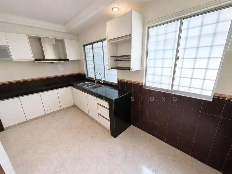 Kitchen features: black granite countertop, white cabinetry with flat-panel doors, stainless-steel sink, chrome pull-down faucet, built-in oven, ceramic tile flooring, white walls, window with grid pattern, open shelving, extraction hood, tile backsplash, kitchen island; style: modern.