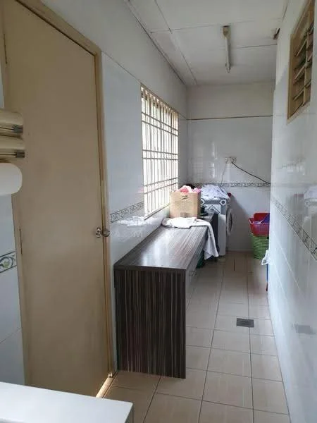 Laundry features: white tiled walls, cream tiled flooring, wooden countertop, washing machine, basket for laundry, window with grid pattern, door leading to another room, shelving above countertop.