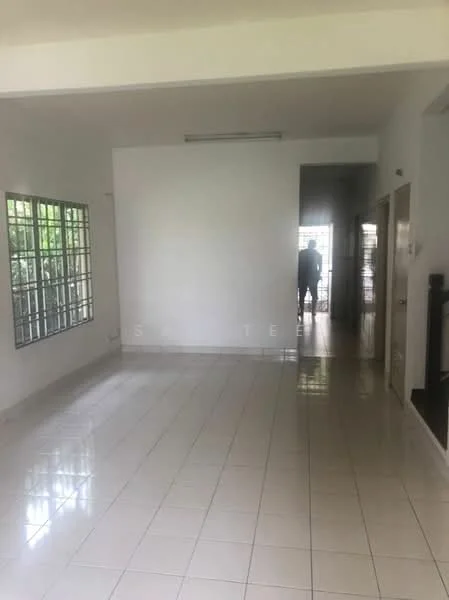 Room features: white painted walls, glossy ceramic tile flooring, large windows with metal grills, doorway leading to another room, doorway leading outside, neutral ceiling, recessed lighting, open layout; style: modern; view: garden.