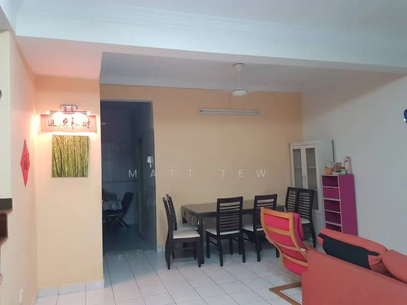 Dining features: light beige painted walls, white tiled flooring, dining table with 6 chairs, ceiling fan, wooden sideboard, pink storage unit, decorative wall art, open layout to kitchen, window with sheer curtains; style: modern. Room features: light beige painted walls, white tiled flooring, open doorway to kitchen, ceiling light fixture.
