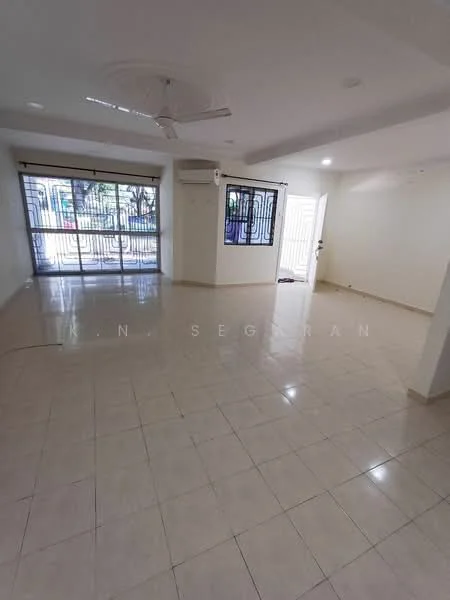 Living features: white painted walls, glossy ceramic tile flooring, 5-blade ceiling fan, floor-to-ceiling windows, sliding glass door, natural light from windows, air conditioning unit, decorative wrought iron grille, neutral color scheme, open layout; style: modern; view: garden.