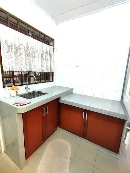 Kitchen features: grey laminate countertop, brown wooden cabinetry, single-bowl stainless-steel sink, chrome pull-down faucet, white tiled backsplash, window with sheer curtains, floor tiles in light grey, counter space on both sides; style: modern.