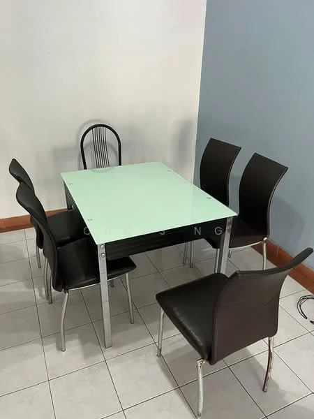 Dining features: glass dining table, metal frame, 6 black leather dining chairs, square table shape, tiled flooring, light blue wall, white wall, wooden baseboard; style: modern.