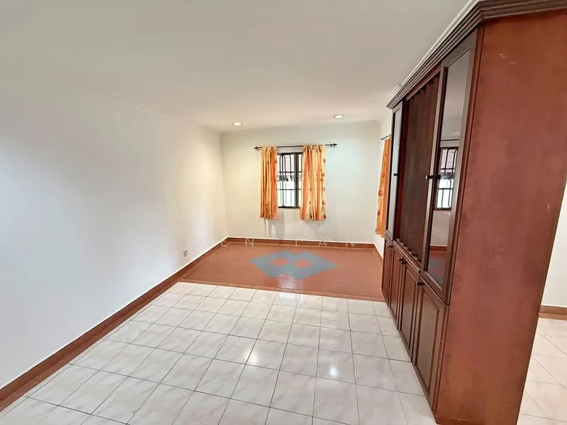 Room features: white painted walls, tile flooring, wood cabinetry, large window with curtains, recessed lighting, orange curtains, decorative floor pattern, corner cabinet; style: modern.