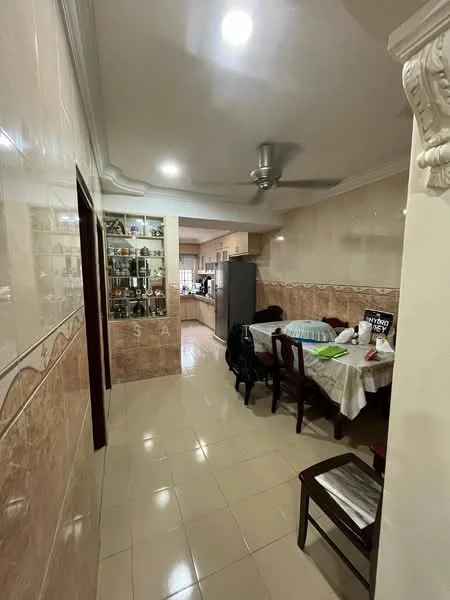 Dining features: dining table with tablecloth, wooden dining chairs, ceiling fan, wall-mounted display cabinet, cream tiled flooring, white painted walls, recessed lighting, open layout to kitchen, decorative moulding on ceiling; style: modern. Hallway features: cream tiled flooring, white painted walls, doorway leading to kitchen, decorative moulding on ceiling.