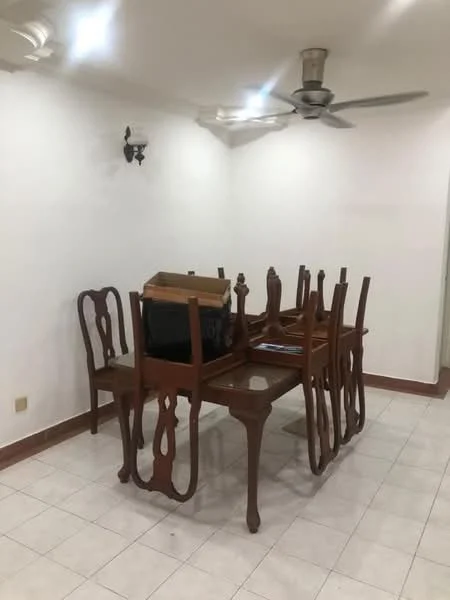 Dining features: wooden dining table, wooden dining chairs, 5-blade ceiling fan, white painted walls, tile flooring, wall sconce, decorative ceiling moulding; style: traditional.