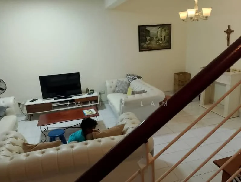 Living features: white painted walls, tile flooring, 5-blade ceiling fan, chandelier, 3-seater white leather sofa, 2-seater white leather sofa, wood coffee table, TV console, wall-mounted TV, decorative artwork, cross wall decor, area rug; style: contemporary.