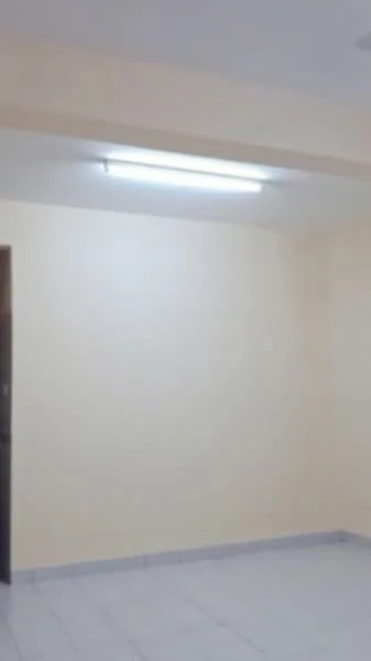 Room features: light beige painted walls, white ceiling, fluorescent ceiling light, grey tiled flooring, open space.