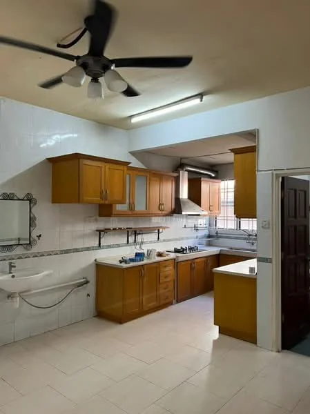 Kitchen features: wood cabinetry in light brown, white tiled walls, white countertop, stainless-steel sink, chrome faucet, built-in gas stove, stainless-steel range hood, recessed ceiling lights, 5-blade ceiling fan, window with metal grille, tile flooring, mirror above sink, open shelving, kitchen island; style: traditional.