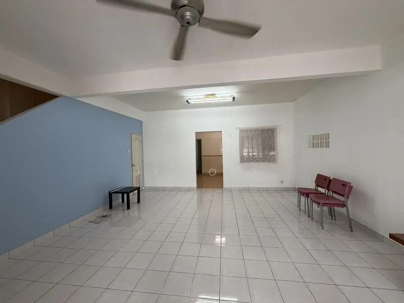 Living features: white painted walls, light blue accent wall, glossy ceramic tile flooring, 5-blade ceiling fan, large window with sheer curtains, doorway leading to another room, empty space for furniture, two chairs, small black table; style: modern.