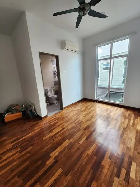 Room features: wooden flooring, white painted walls, ceiling fan, wall-mounted split AC, floor-to-ceiling windows, doorway leading to bathroom, natural light from windows.