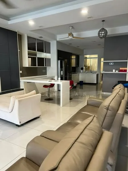 Living features: 3-seater leather sofa in beige, 2-seater fabric sofa in cream, coffee table, TV console, wall-mounted TV, area rug, 5-blade ceiling fan with light, white painted walls, tile flooring, recessed downlights; style: modern. Kitchen features: white cabinetry, stainless-steel fridge, built-in oven, freestanding range oven, granite countertop, kitchen island, bar stools, pendant lighting, tile backsplash; style: modern.