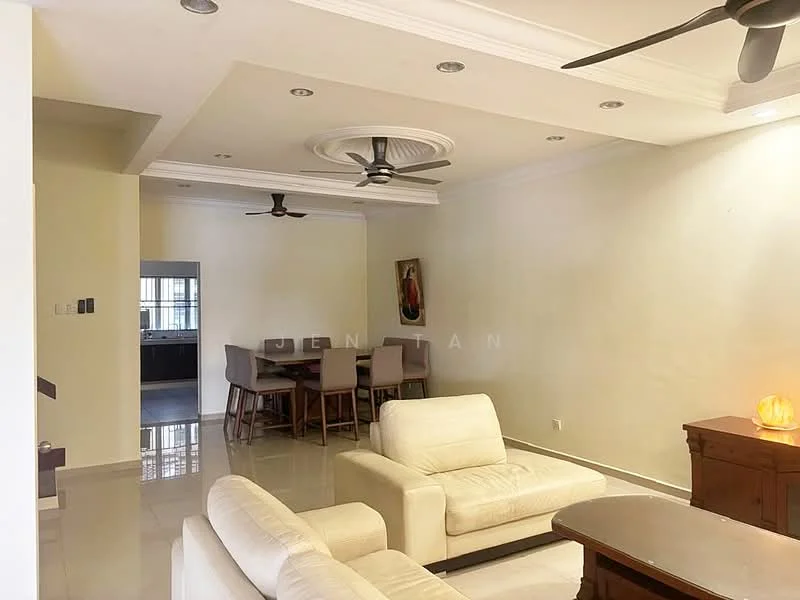 Living features: cream painted walls, polished tile flooring, tray ceiling with recessed lighting, 2 ceiling fans, 3-seater fabric sofa in white, wooden coffee table, decorative lamp, wall-mounted artwork, open layout to dining area; style: modern. Dining features: 6-seater dining table, upholstered dining chairs, open layout to living area; style: modern.