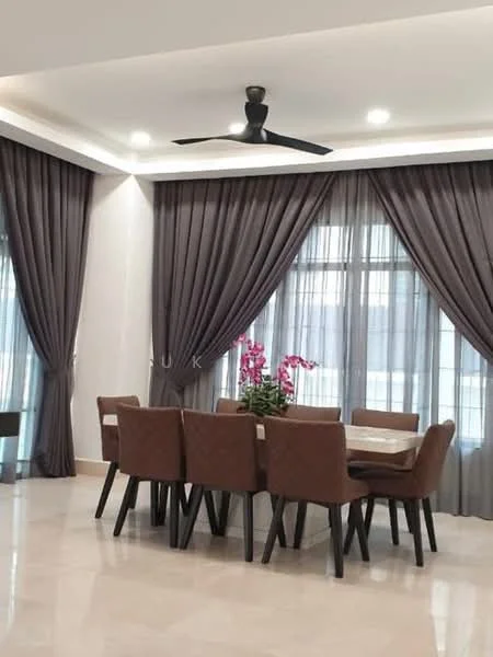 Dining features: 8-seater dining table, upholstered dining chairs in brown, floor-to-ceiling windows, sheer curtains, blackout curtains, 5-blade ceiling fan in black, recessed downlights, marble flooring, decorative plant arrangement, neutral wall colour, crown moulding; style: modern.