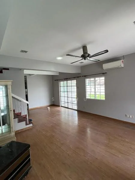 Living features: laminate flooring, grey painted walls, 5-blade ceiling fan with light, wall-mounted split AC, large windows with grid pattern, sliding glass door, staircase with wooden railing, decorative wall panel, natural light from windows; style: modern; view: garden.