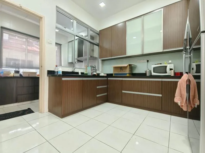 Kitchen features: brown wooden cabinetry, black granite countertop, stainless-steel refrigerator, built-in microwave, freestanding range oven, double-bowl stainless-steel sink, chrome pull-down faucet, white tiled flooring, recessed downlights, window with sheer curtains, kitchen island, open shelving; style: modern.