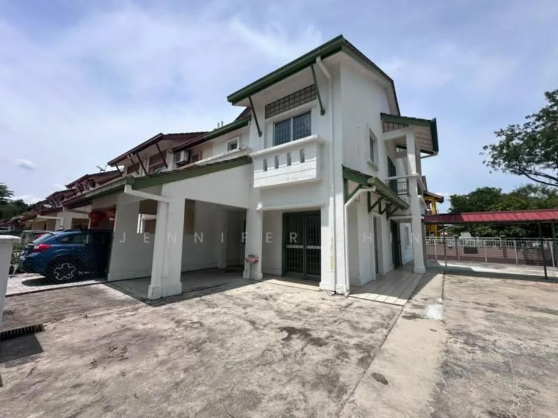 Exterior type: semi-detached house; features: white painted facade, green roof, two-storey structure, car porch, front porch with railing, large windows, balcony on upper floor, manicured lawn, paved driveway, surrounded by other residential buildings; style: modern.