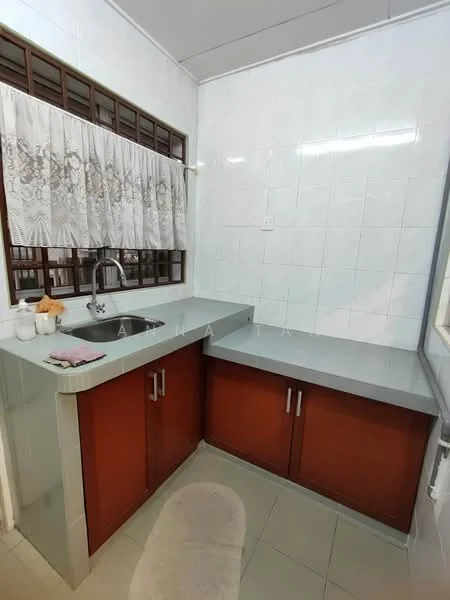 Kitchen features: single-bowl stainless-steel sink, chrome pull-down faucet, grey laminate countertop, brown wooden cabinetry, white tiled walls, grey tiled flooring, window with sheer curtains, counter space on both sides; style: modern.