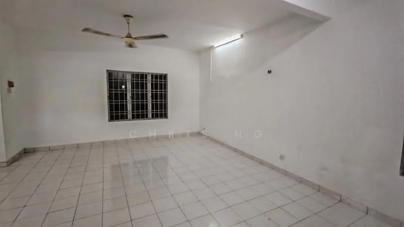 Room features: white painted walls, white ceiling, ceiling fan, tile flooring, large windows with grilles, neutral color scheme, corner lighting, spacious layout; style: minimalist.