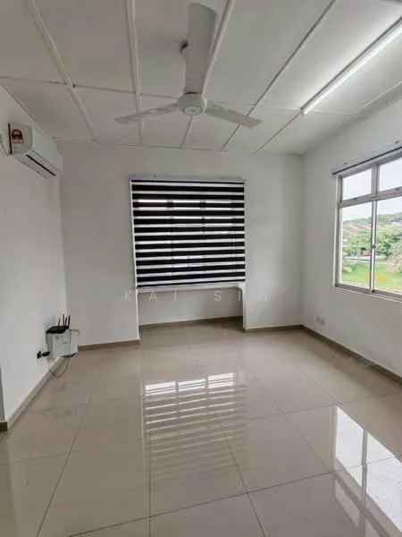 Room features: white painted walls, glossy ceramic tile flooring, ceiling fan, wall-mounted split AC, black and white striped window blinds, large window with view, neutral color scheme, no visible furniture; style: modern; view: garden.