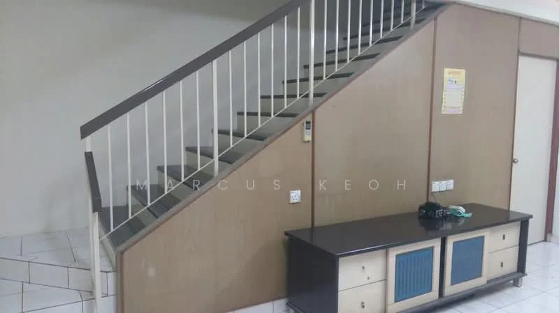 Room features: staircase with metal railing, wooden handrail, cream painted walls, white tiled flooring, built-in cabinet with blue and brown accents, electrical outlets on the wall, light switch on the wall; style: modern.