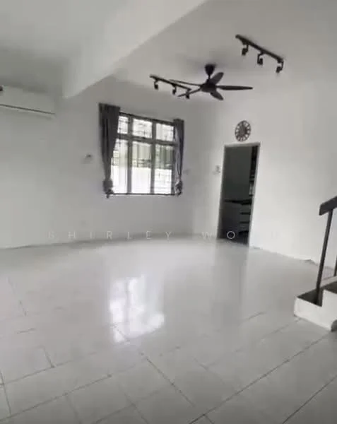 Living features: white painted walls, white tiled flooring, 5-blade ceiling fan, recessed downlights, large windows with sheer curtains, wall-mounted air conditioning unit, clock on wall, staircase leading to upper level; style: modern.