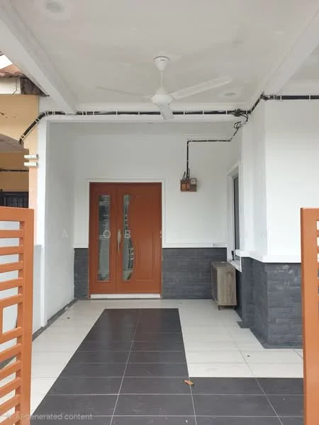 Exterior features: double-door entrance with wood finish, white painted walls, grey stone cladding, black and white tiled flooring, ceiling fan, outdoor light fixture, wooden console table, covered porch area; style: modern.