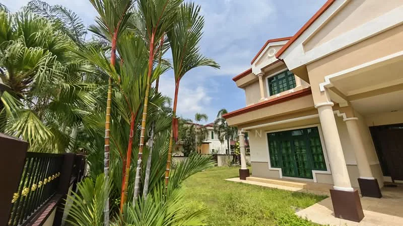 Exterior type: detached bungalow; features: cream painted facade, red tiled roof, green windows, manicured lawn, tropical landscaping with palm trees, stone-paved walkway, single-storey, front porch area; style: tropical-modern.
