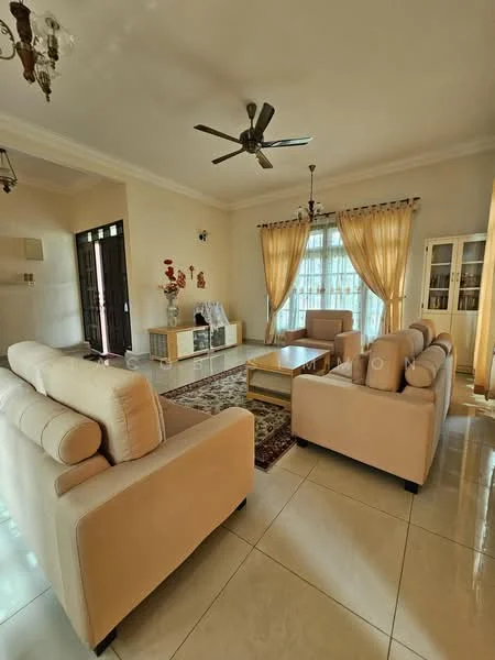 Living features: 3-seater fabric sofa in beige, 2-seater fabric sofa in beige, coffee table, area rug with geometric pattern, TV console, wall-mounted TV, floor-to-ceiling windows, sheer curtains, ceiling fan, chandelier, cream painted walls, polished tile flooring; style: contemporary.