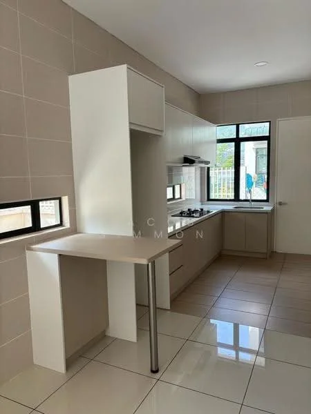 Kitchen features: white cabinetry, stainless-steel gas hob, built-in oven, single-bowl stainless-steel sink, chrome pull-down faucet, white tiled backsplash, light-colored countertop, window with view to outside, cream tiled flooring, pendant lighting, breakfast bar with metal legs; style: modern.