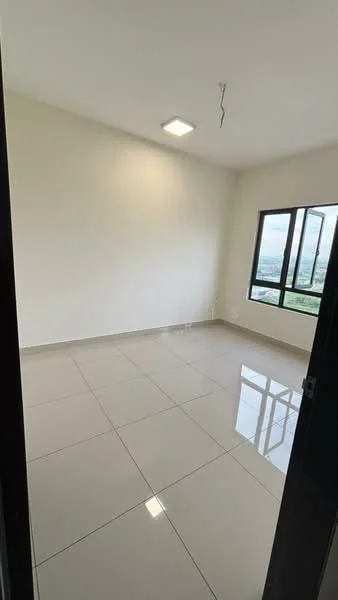 Room features: white painted walls, glossy ceramic tile flooring, square ceiling light, floor-to-ceiling window, city view, neutral color scheme; style: modern; view: city.